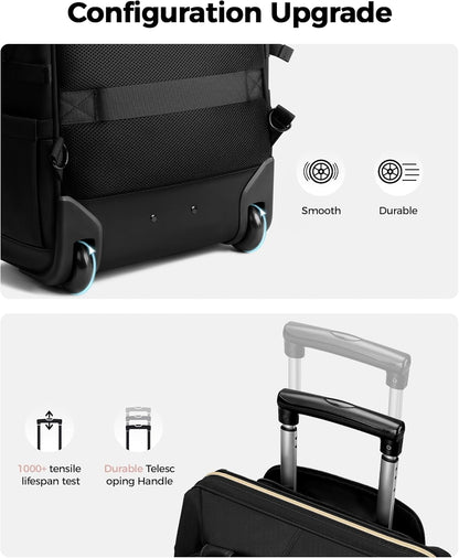 Rolling Backpack for Women,15.6 Inch Travel Backpack with Wheels, Stylish Rolling Laptop Bag with Passport Holder, Dual-Opening Design, Underseat Carry on Luggage for Work College Teacher