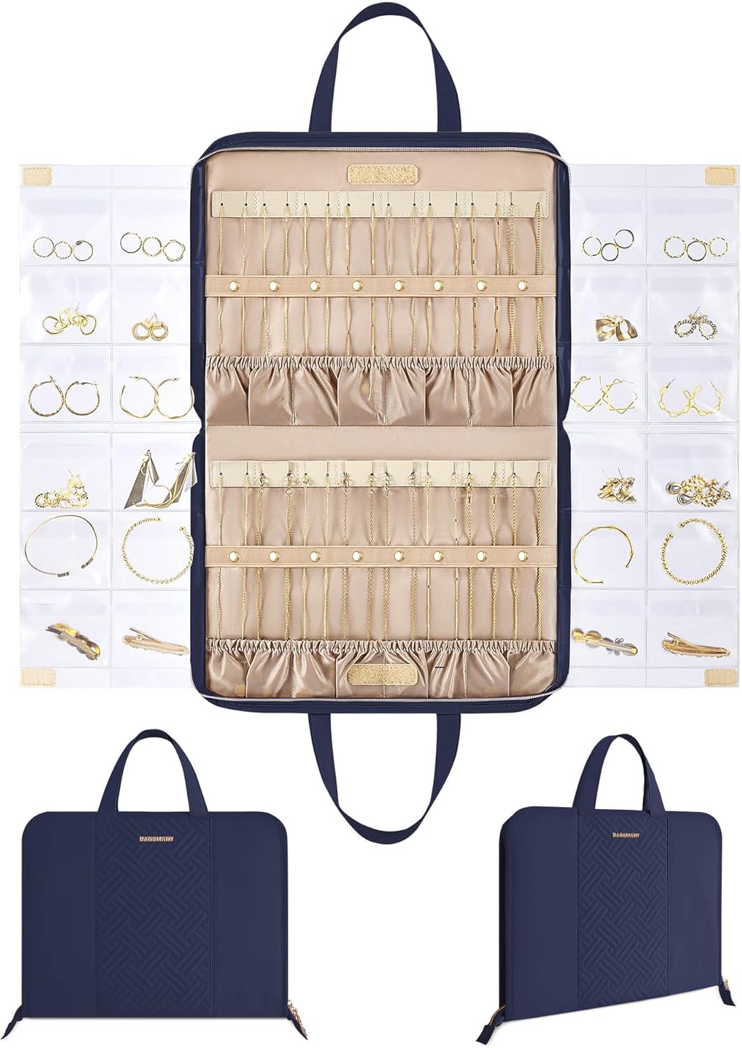 Travel Jewelry Organizer Case Portable Jewelry Roll Bag Tangle-free Necklace Storage Foldable Transparent Pockets for Earrings Rings Bracelet Travel Essentials Black