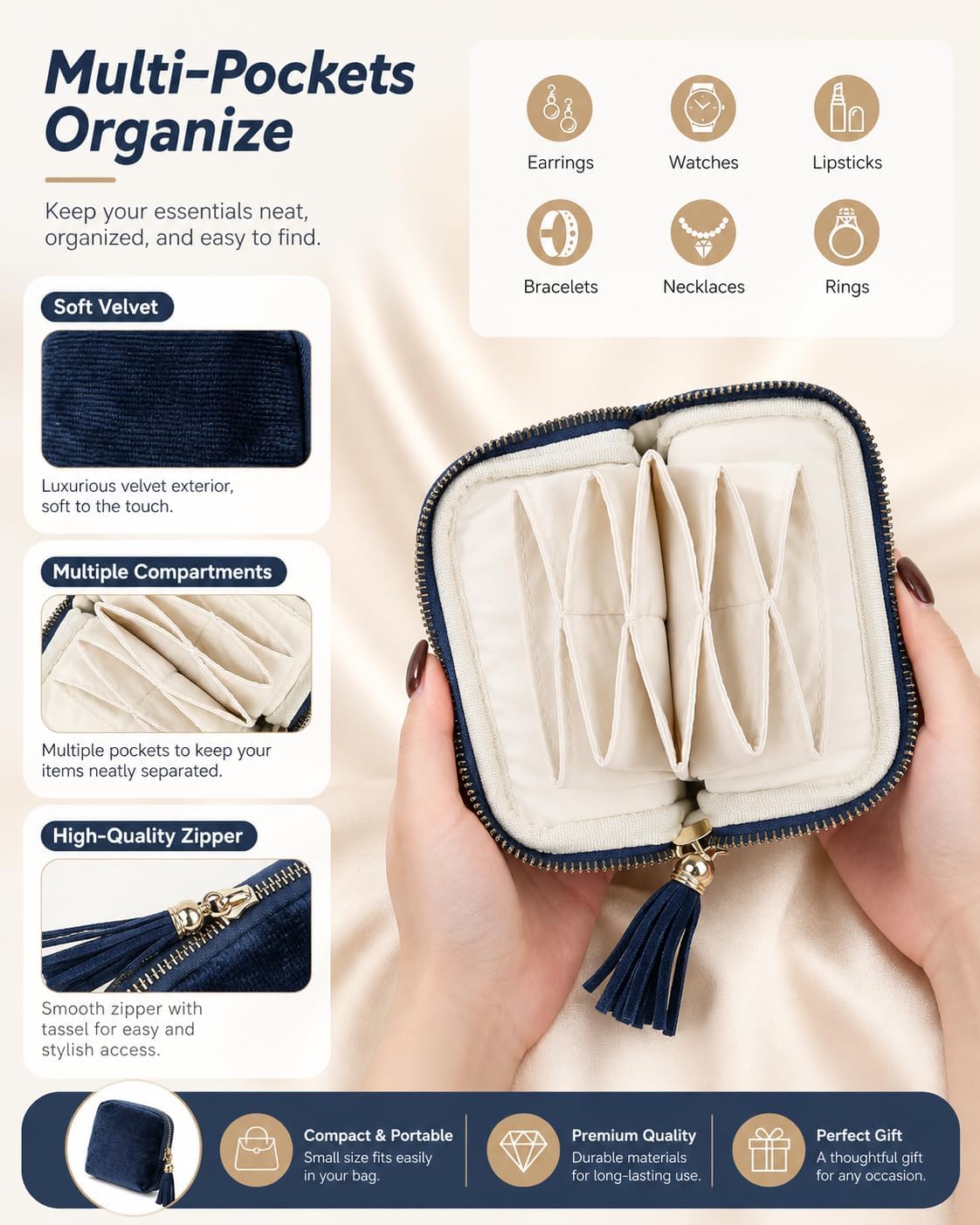Mini Velvet Travel Jewelry Bag, Jewelry Organizer Pouch | Small Portable Jewelry Case for Earrings Rings Bracelets, Travel Jewelry Organizer, Gift for Women (Blue)