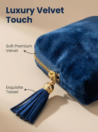 Mini Velvet Travel Jewelry Bag, Jewelry Organizer Pouch | Small Portable Jewelry Case for Earrings Rings Bracelets, Travel Jewelry Organizer, Gift for Women (Blue)