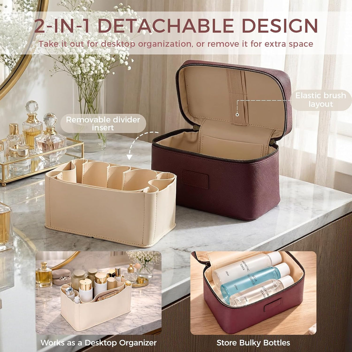 Makeup Bag Vanity Case for Women – Portable Cosmetic Bag Makeup Bag Organizer Travel Toiletry Bag with Removable Divider
