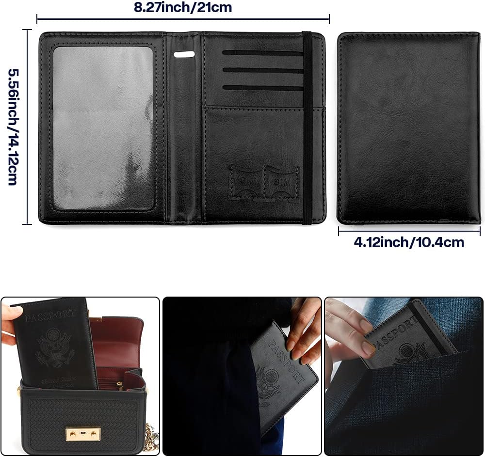 Passport Holder for Travel, Leather Passport Holder RFID Blocking Passport Cover Wallet Passport Case with Pen Holder Passport Holders for Travel Women Men Family Travels Must Haves Essentials, Black