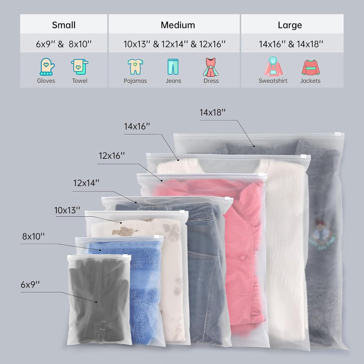 14x18 Inch Clothes Packaging Bags for Shipping, 2 Gallon Frosted Zipper Clothing Packaging Bags for small business, Clear Apparel Bag for Winter clothes, blankets, backpack | No Vent Holes