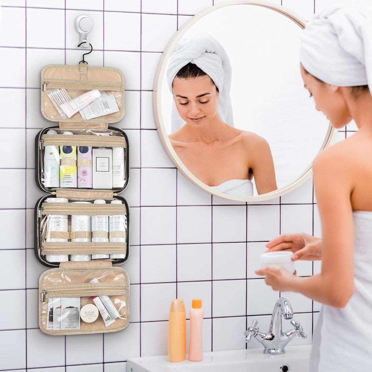 Hanging Travel Toiletry Bag, Large Capacity Cosmetic Organizer for Full-size Bottle with 4 Compartment for Daily Use