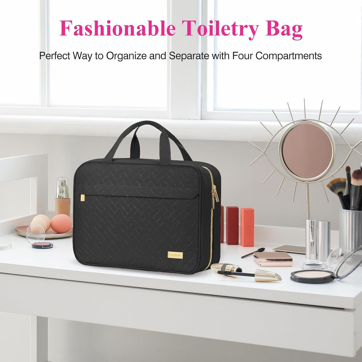 Hanging Travel Toiletry Bag, Large Capacity Cosmetic Organizer for Full-size Bottle with 4 Compartment for Daily Use