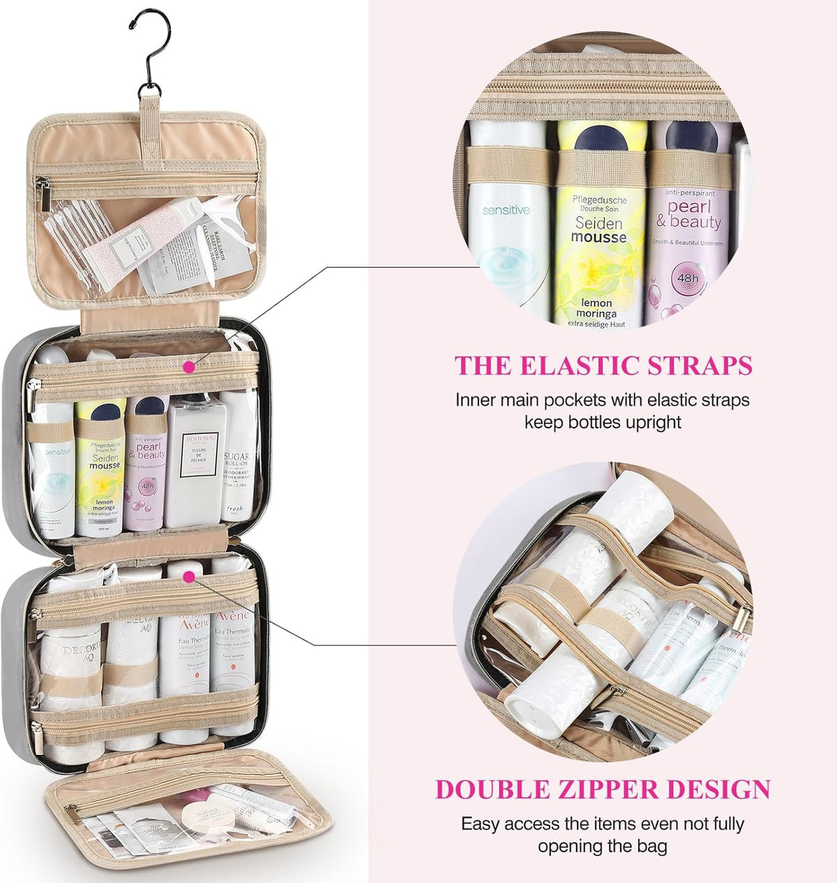 Hanging Travel Toiletry Bag, Large Capacity Cosmetic Organizer for Full-size Bottle with 4 Compartment for Daily Use