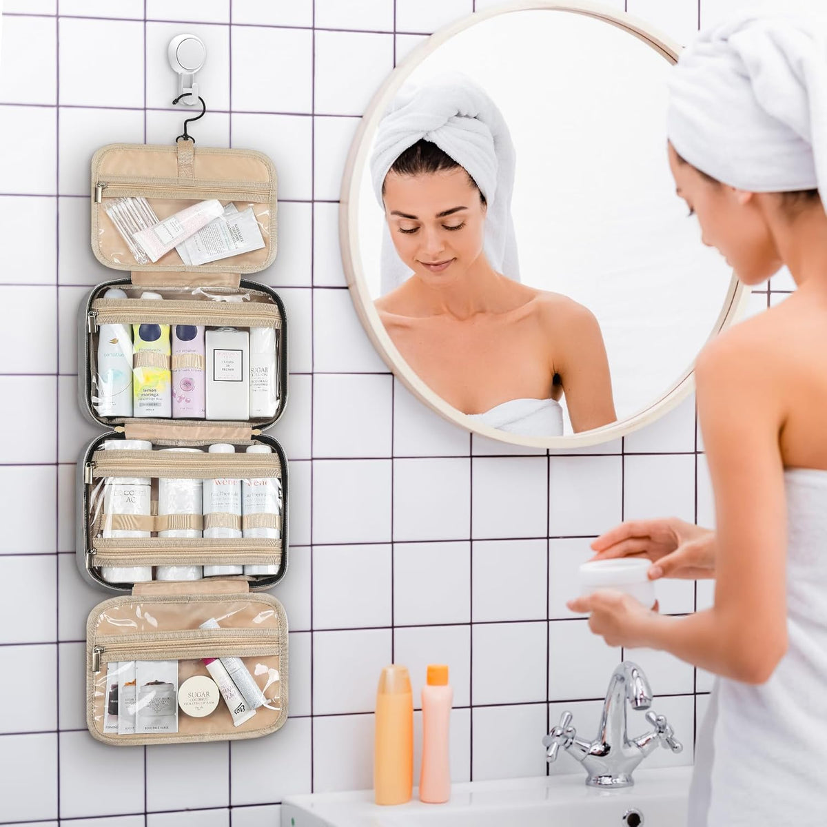 Hanging Travel Toiletry Bag, Large Capacity Cosmetic Organizer for Full-size Bottle with 4 Compartment for Daily Use
