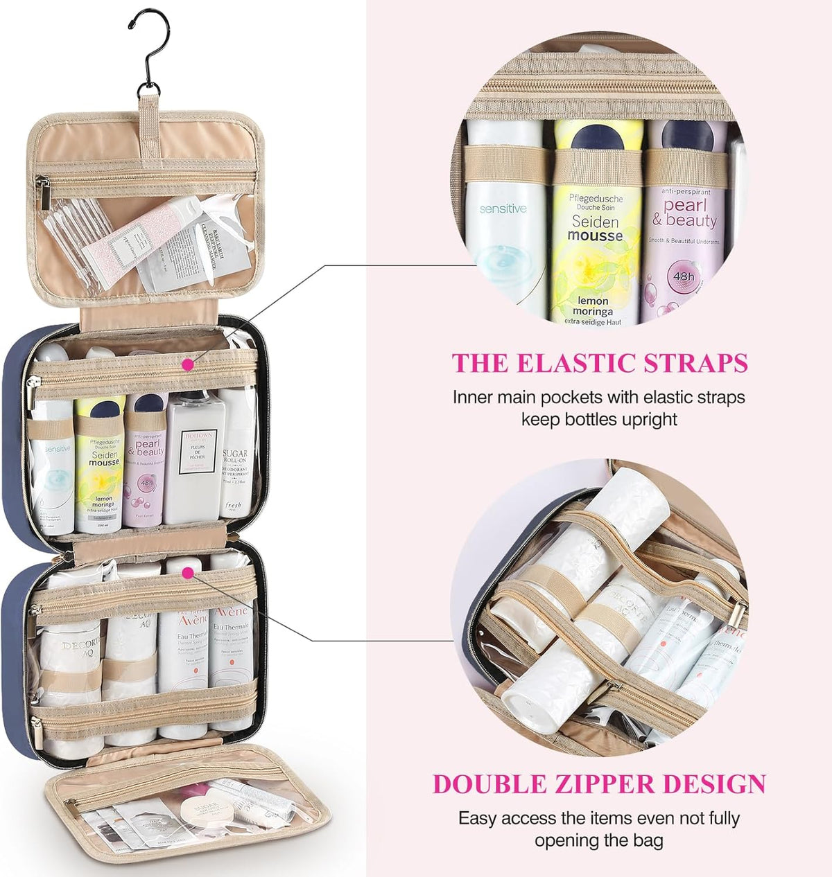 Hanging Travel Toiletry Bag, Large Capacity Cosmetic Organizer for Full-size Bottle with 4 Compartment for Daily Use