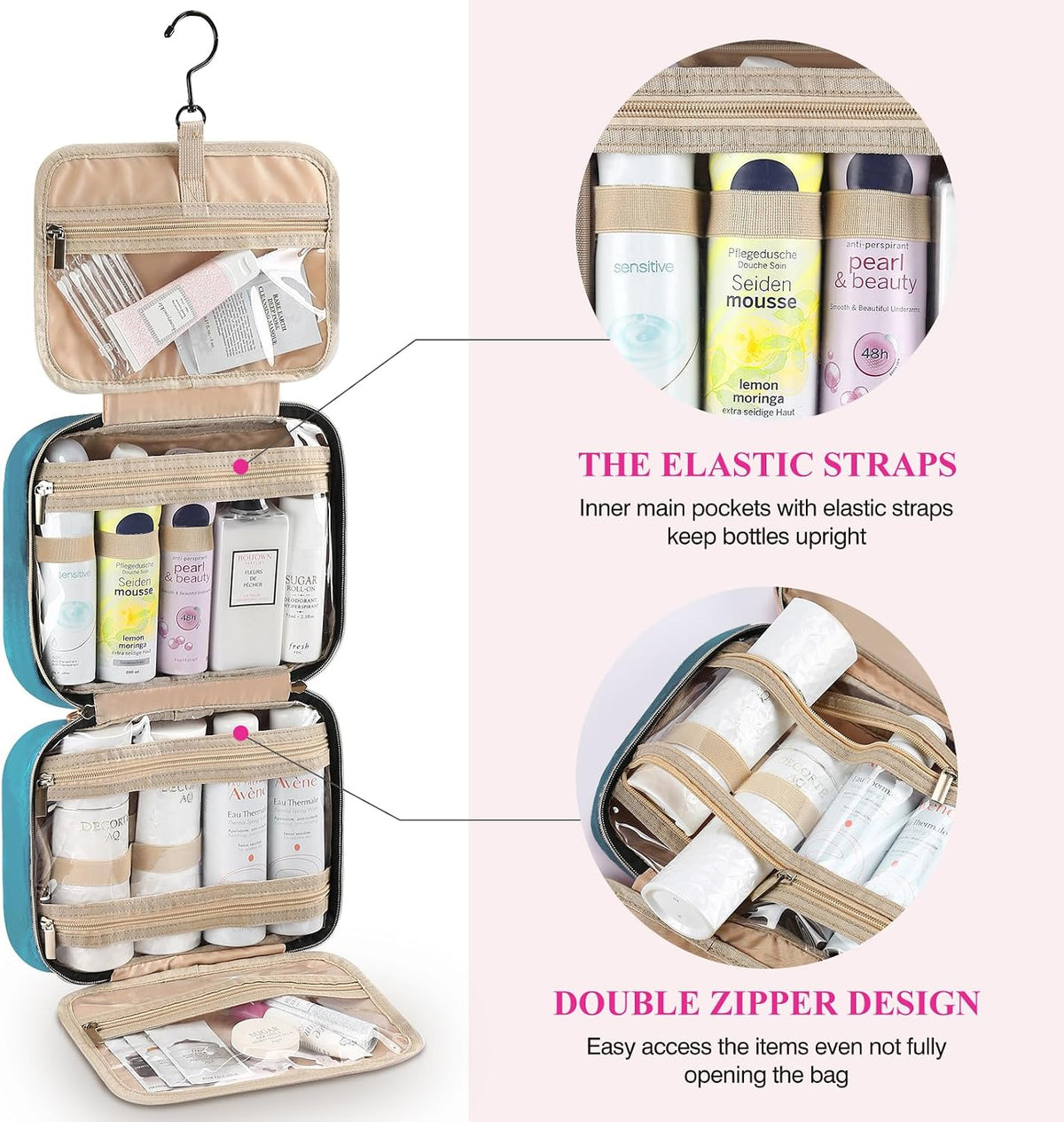 Hanging Travel Toiletry Bag, Large Capacity Cosmetic Organizer for Full-size Bottle with 4 Compartment for Daily Use