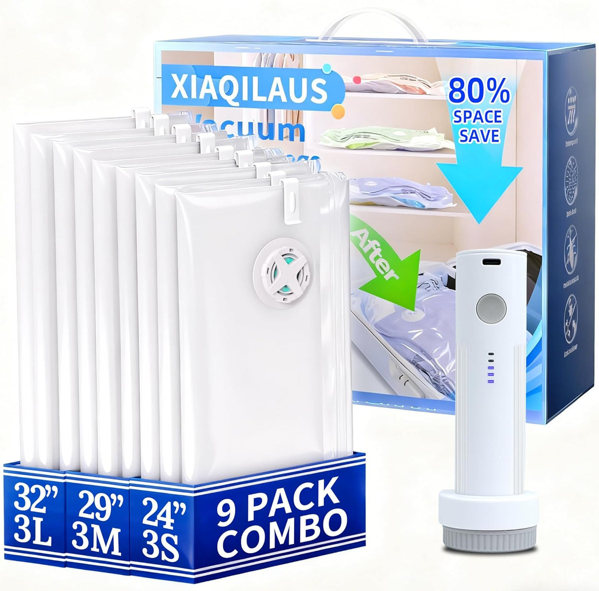 Vacuum Sealing Bags for Clothing Travel,Space Saver Vacuum Storage Bags with Air Pump,Compression Packing for Luggage and Clothes Travel (9 Combo Bags+Electric Pump)