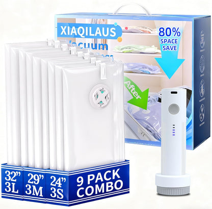 Vacuum Sealing Bags for Clothing Travel,Space Saver Vacuum Storage Bags with Air Pump,Compression Packing for Luggage and Clothes Travel (9 Combo Bags+Electric Pump)