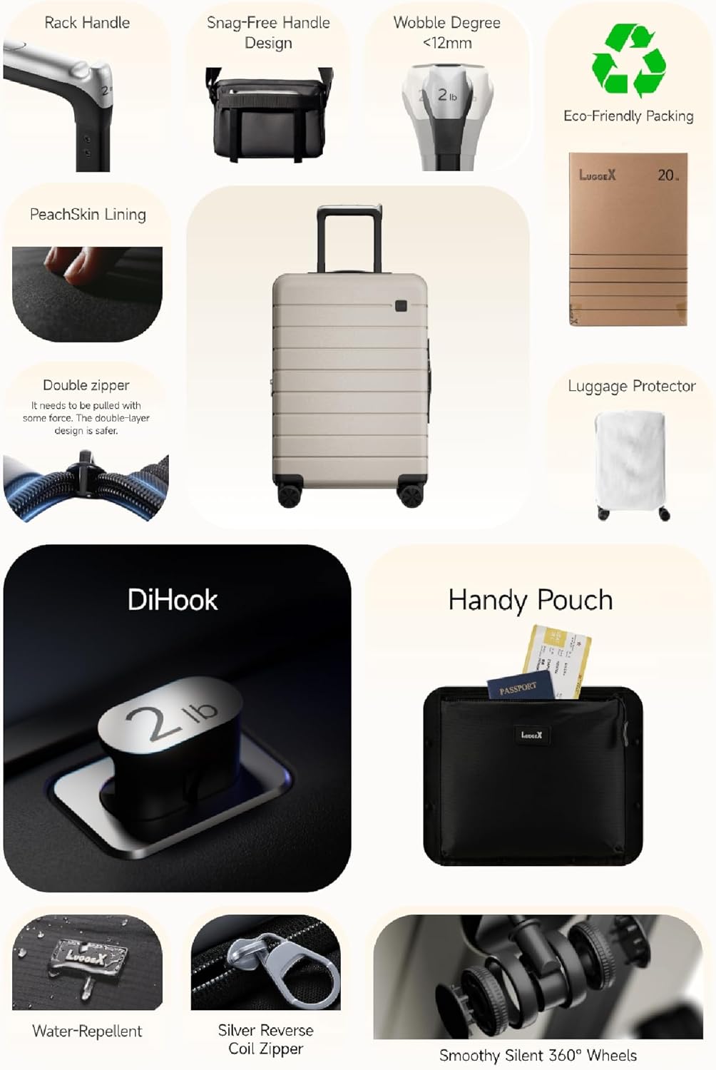 LUGGEX Carry On Luggage 22x14x9 Airline Approved,HUP3 Accelerate Access with DiHook, Handy Pouch, 20 inch Expandable Hard Shell Suitcases with Spinner Wheels (EX-Enhance,Nautical Blue,20 Inch,37L-41L)