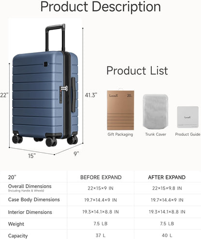 LUGGEX Carry On Luggage 22x14x9 Airline Approved,HUP3 Accelerate Access with DiHook, Handy Pouch, 20 inch Expandable Hard Shell Suitcases with Spinner Wheels (EX-Enhance,Nautical Blue,20 Inch,37L-41L)