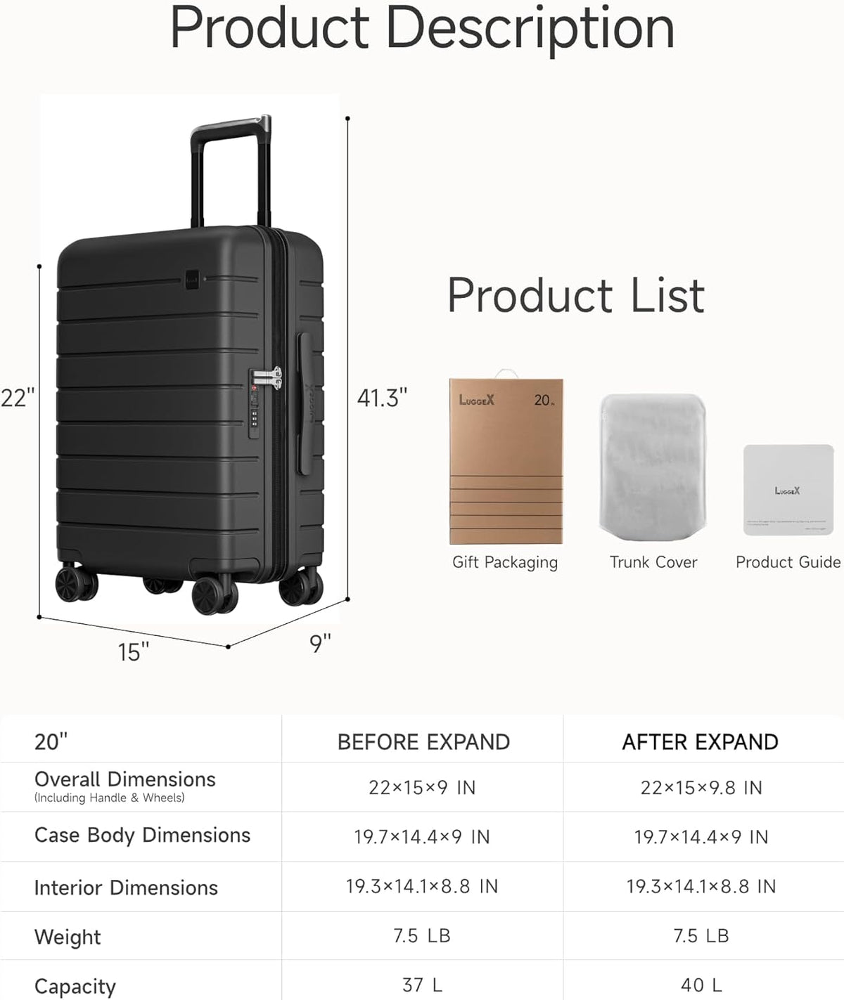 LUGGEX Carry On Luggage 22x14x9 Airline Approved,HUP3 Accelerate Access with DiHook, Handy Pouch, 20 inch Expandable Hard Shell Suitcases with Spinner Wheels (EX-Enhance,Nautical Blue,20 Inch,37L-41L)