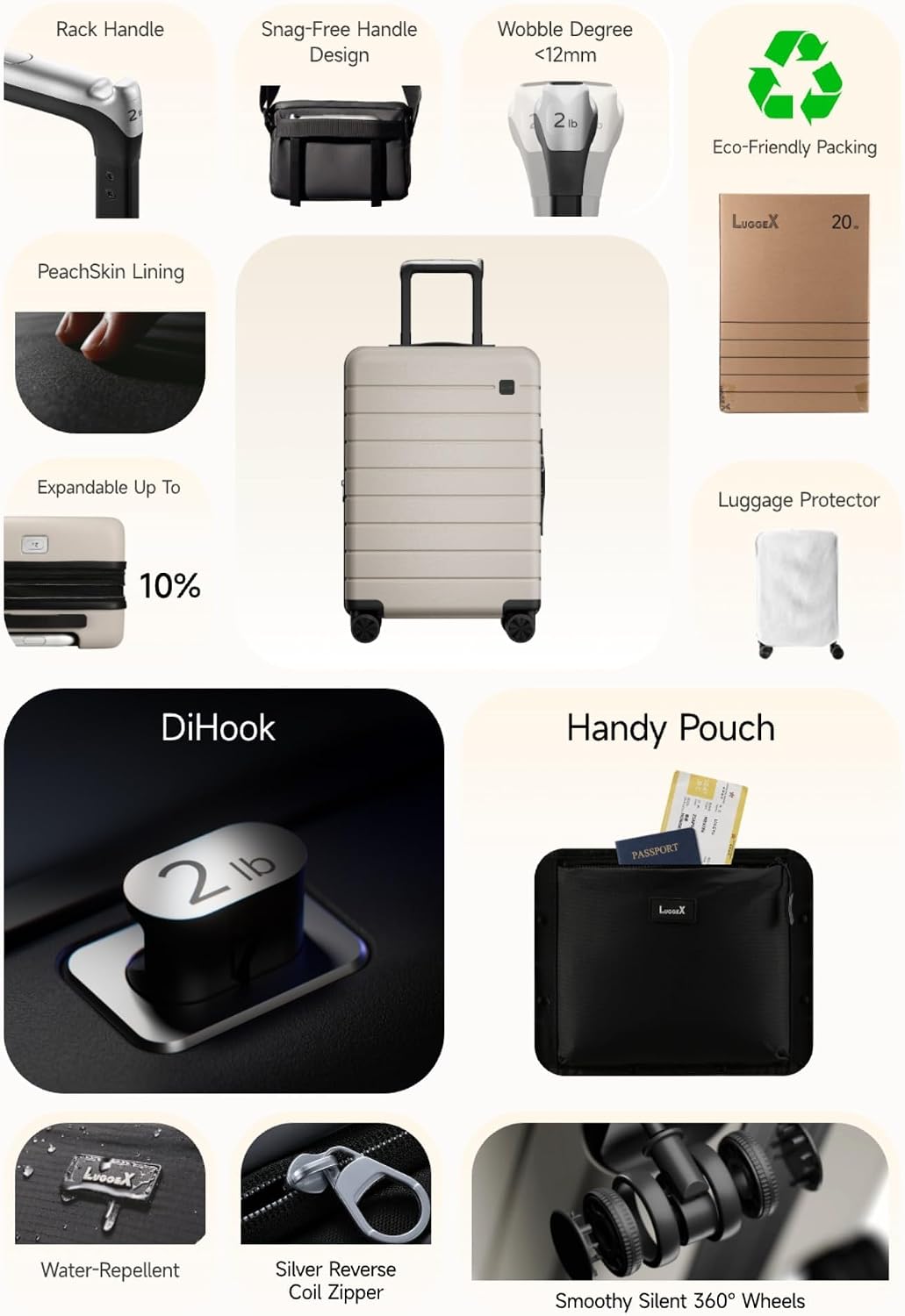LUGGEX Carry On Luggage 22x14x9 Airline Approved,HUP3 Accelerate Access with DiHook, Handy Pouch, 20 inch Expandable Hard Shell Suitcases with Spinner Wheels (EX-Enhance,Nautical Blue,20 Inch,37L-41L)