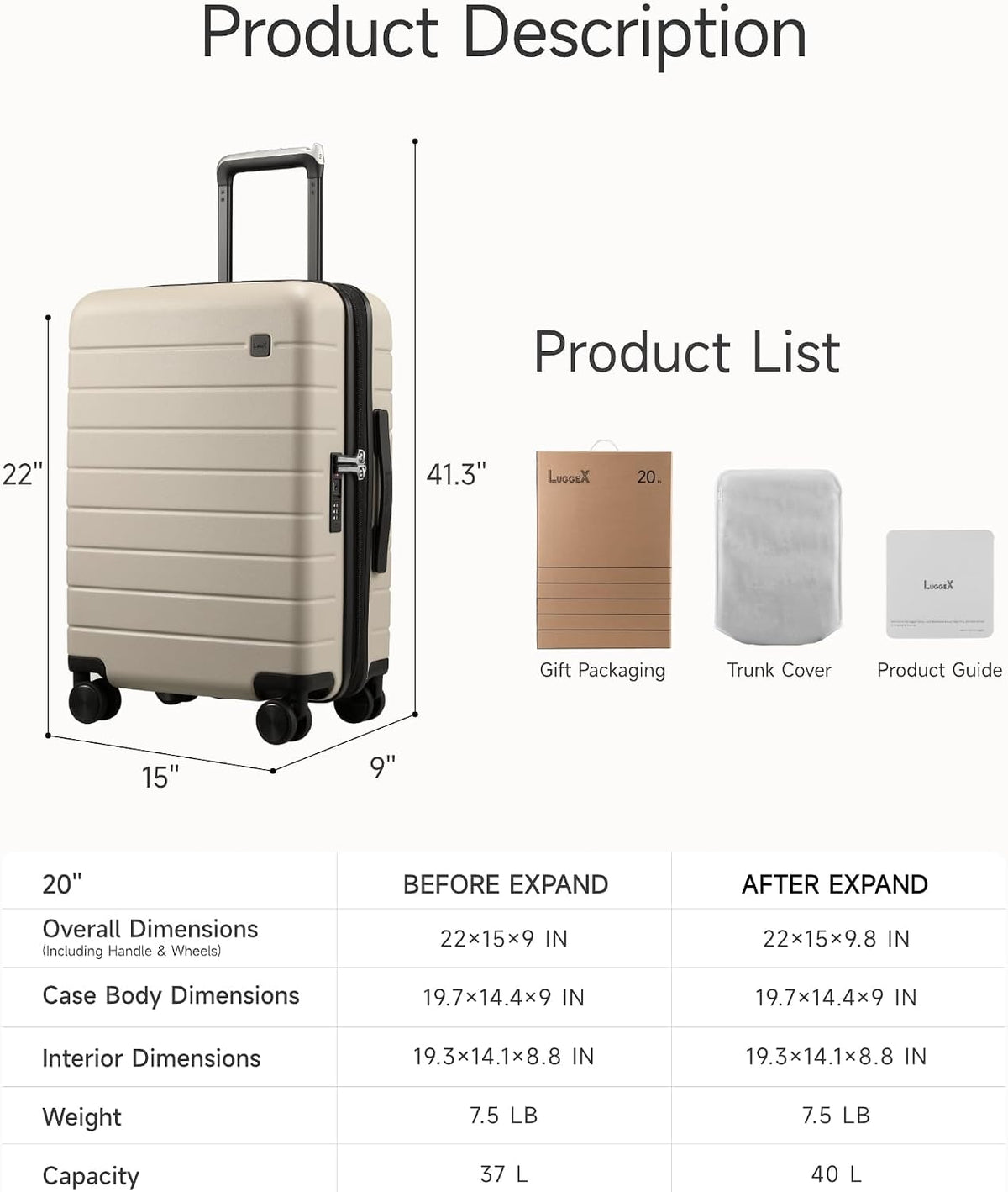 LUGGEX Carry On Luggage 22x14x9 Airline Approved,HUP3 Accelerate Access with DiHook, Handy Pouch, 20 inch Expandable Hard Shell Suitcases with Spinner Wheels (EX-Enhance,Nautical Blue,20 Inch,37L-41L)