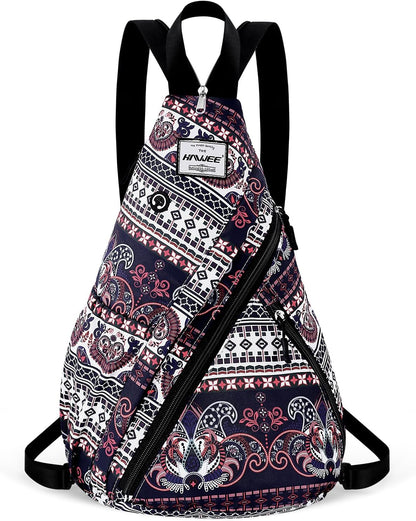 Water-Resistant Sling Bag for Women - Convertible Rope Chest Bag & Casual Daypack, Lightweight Crossbody Backpack for Travel, Cycling, Paisley Colorful