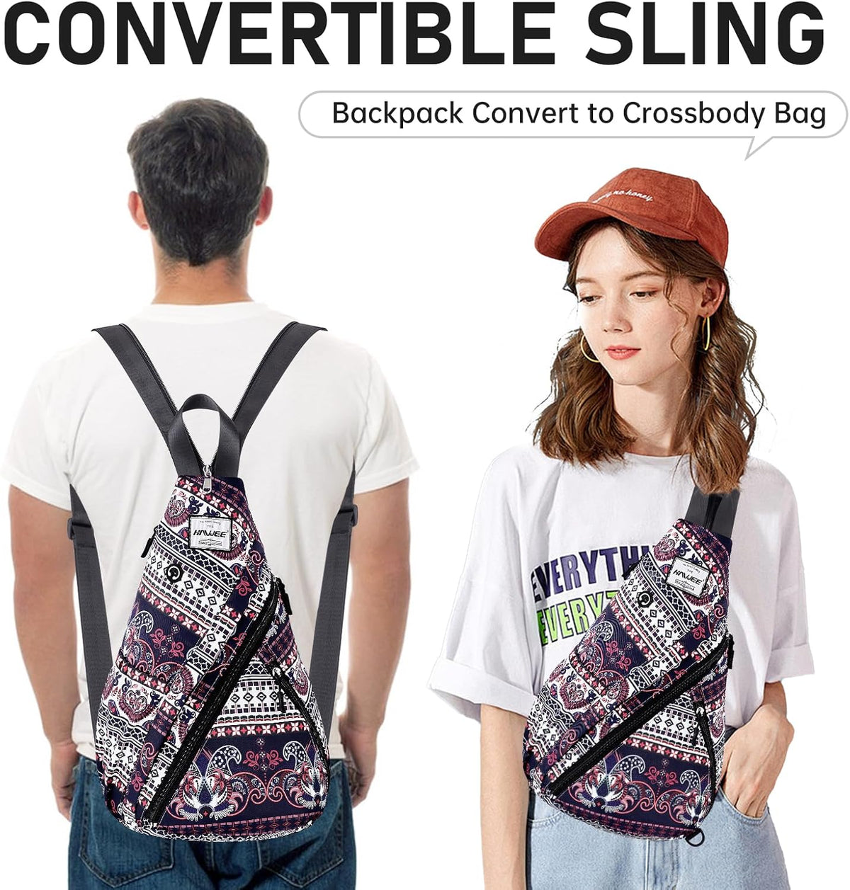 Water-Resistant Sling Bag for Women - Convertible Rope Chest Bag & Casual Daypack, Lightweight Crossbody Backpack for Travel, Cycling, Paisley Colorful