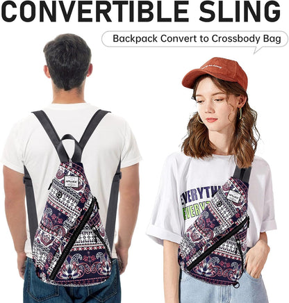 Water-Resistant Sling Bag for Women - Convertible Rope Chest Bag & Casual Daypack, Lightweight Crossbody Backpack for Travel, Cycling, Paisley Colorful
