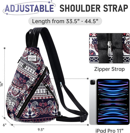Water-Resistant Sling Bag for Women - Convertible Rope Chest Bag & Casual Daypack, Lightweight Crossbody Backpack for Travel, Cycling, Paisley Colorful