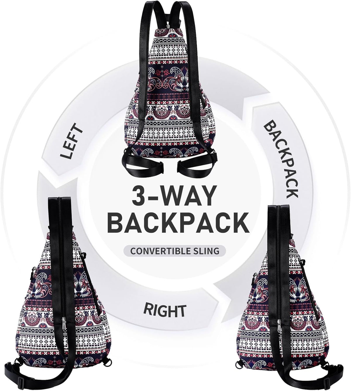 Water-Resistant Sling Bag for Women - Convertible Rope Chest Bag & Casual Daypack, Lightweight Crossbody Backpack for Travel, Cycling, Paisley Colorful