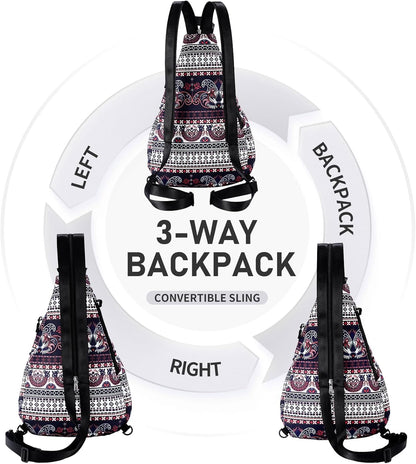 Water-Resistant Sling Bag for Women - Convertible Rope Chest Bag & Casual Daypack, Lightweight Crossbody Backpack for Travel, Cycling, Paisley Colorful