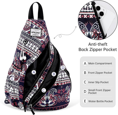 Water-Resistant Sling Bag for Women - Convertible Rope Chest Bag & Casual Daypack, Lightweight Crossbody Backpack for Travel, Cycling, Paisley Colorful
