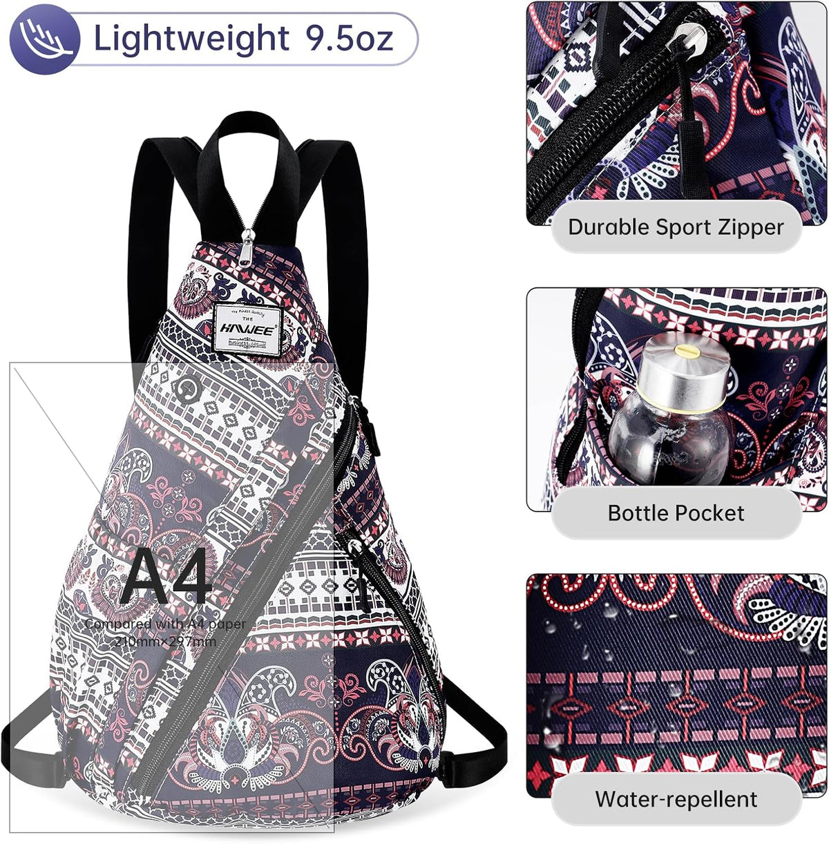 Water-Resistant Sling Bag for Women - Convertible Rope Chest Bag & Casual Daypack, Lightweight Crossbody Backpack for Travel, Cycling, Paisley Colorful