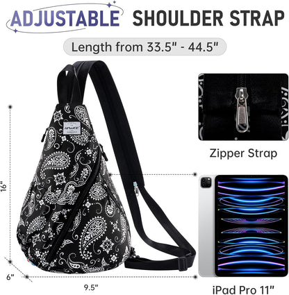 Water-Resistant Sling Bag for Women - Convertible Rope Chest Bag & Casual Daypack, Lightweight Crossbody Backpack for Travel, Cycling, Paisley Colorful