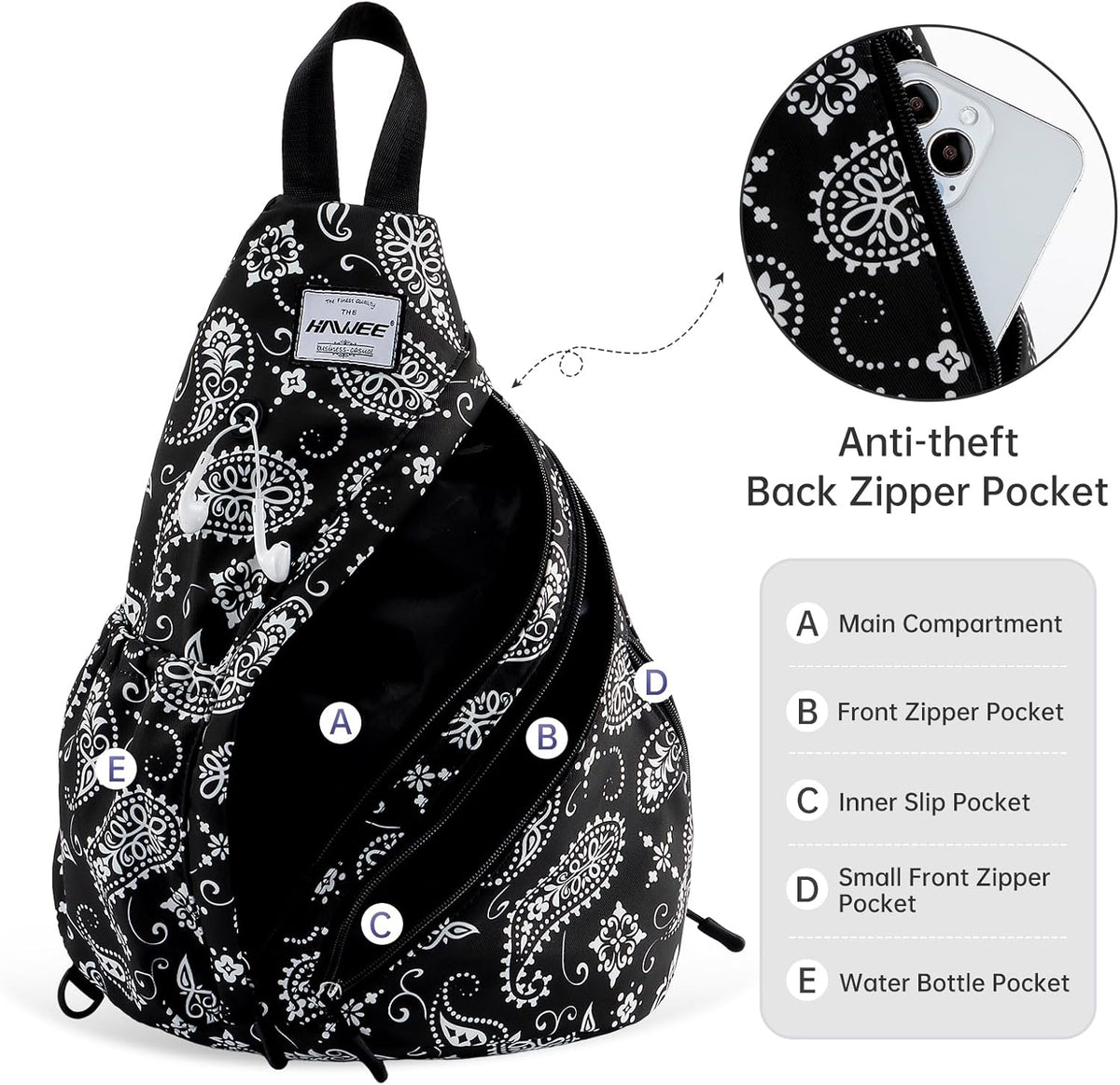 Water-Resistant Sling Bag for Women - Convertible Rope Chest Bag & Casual Daypack, Lightweight Crossbody Backpack for Travel, Cycling, Paisley Colorful
