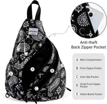 Water-Resistant Sling Bag for Women - Convertible Rope Chest Bag & Casual Daypack, Lightweight Crossbody Backpack for Travel, Cycling, Paisley Colorful