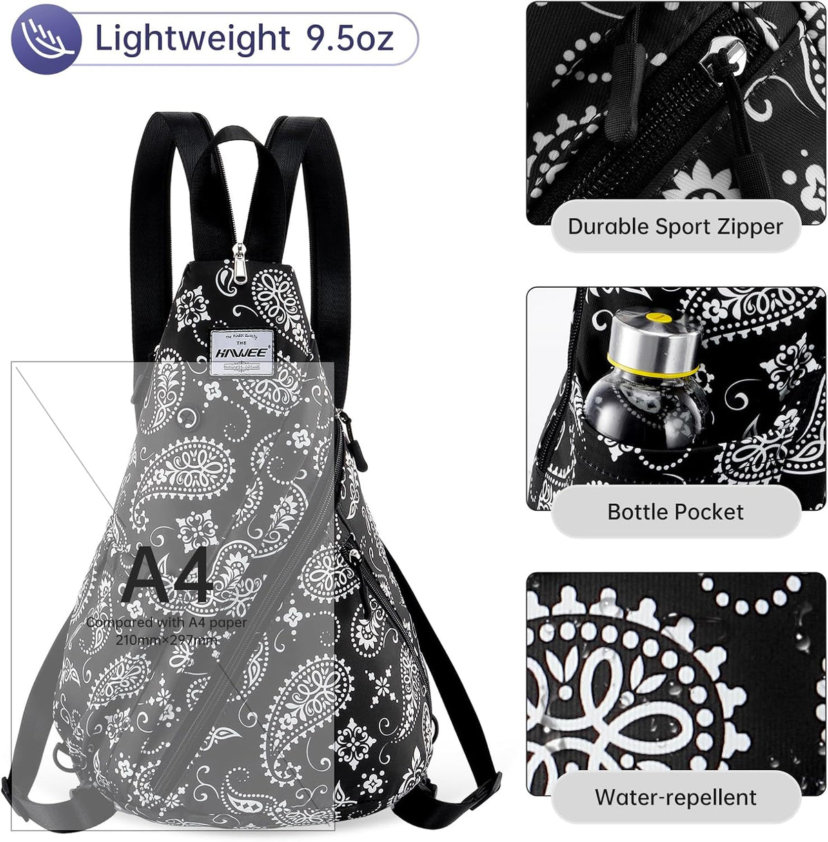 Water-Resistant Sling Bag for Women - Convertible Rope Chest Bag & Casual Daypack, Lightweight Crossbody Backpack for Travel, Cycling, Paisley Colorful