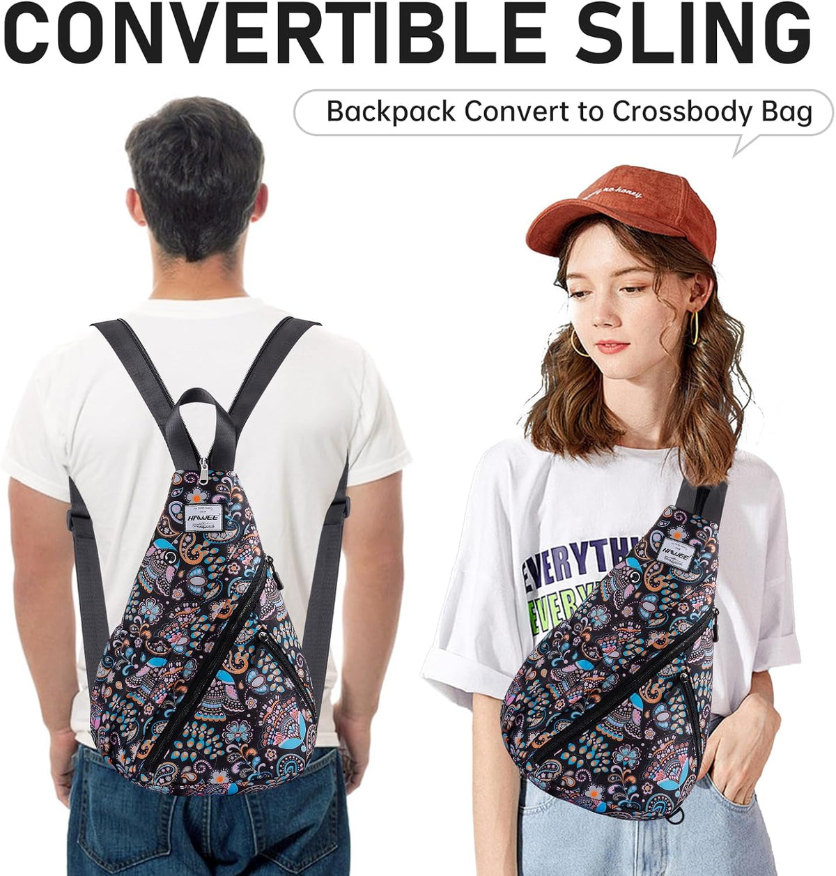 Water-Resistant Sling Bag for Women - Convertible Rope Chest Bag & Casual Daypack, Lightweight Crossbody Backpack for Travel, Cycling, Paisley Colorful