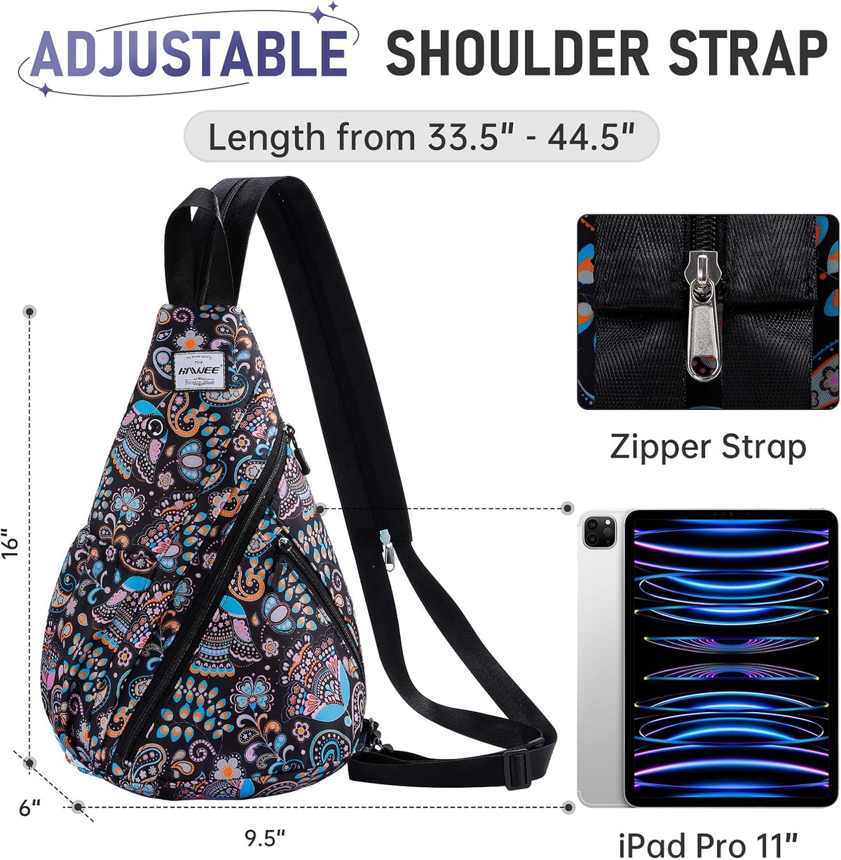 Water-Resistant Sling Bag for Women - Convertible Rope Chest Bag & Casual Daypack, Lightweight Crossbody Backpack for Travel, Cycling, Paisley Colorful