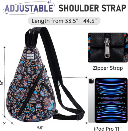 Water-Resistant Sling Bag for Women - Convertible Rope Chest Bag & Casual Daypack, Lightweight Crossbody Backpack for Travel, Cycling, Paisley Colorful