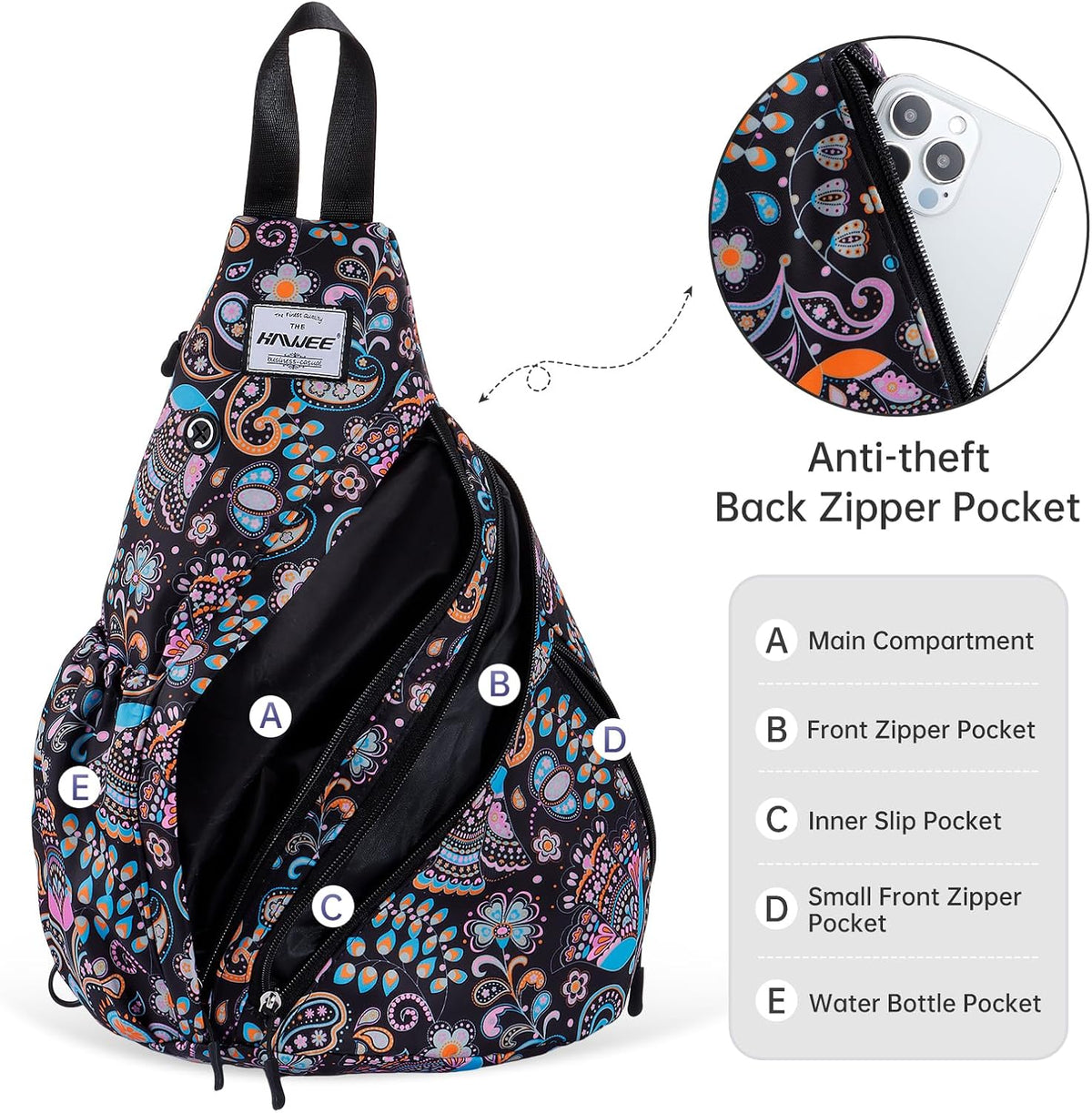 Water-Resistant Sling Bag for Women - Convertible Rope Chest Bag & Casual Daypack, Lightweight Crossbody Backpack for Travel, Cycling, Paisley Colorful