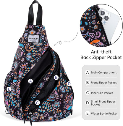 Water-Resistant Sling Bag for Women - Convertible Rope Chest Bag & Casual Daypack, Lightweight Crossbody Backpack for Travel, Cycling, Paisley Colorful