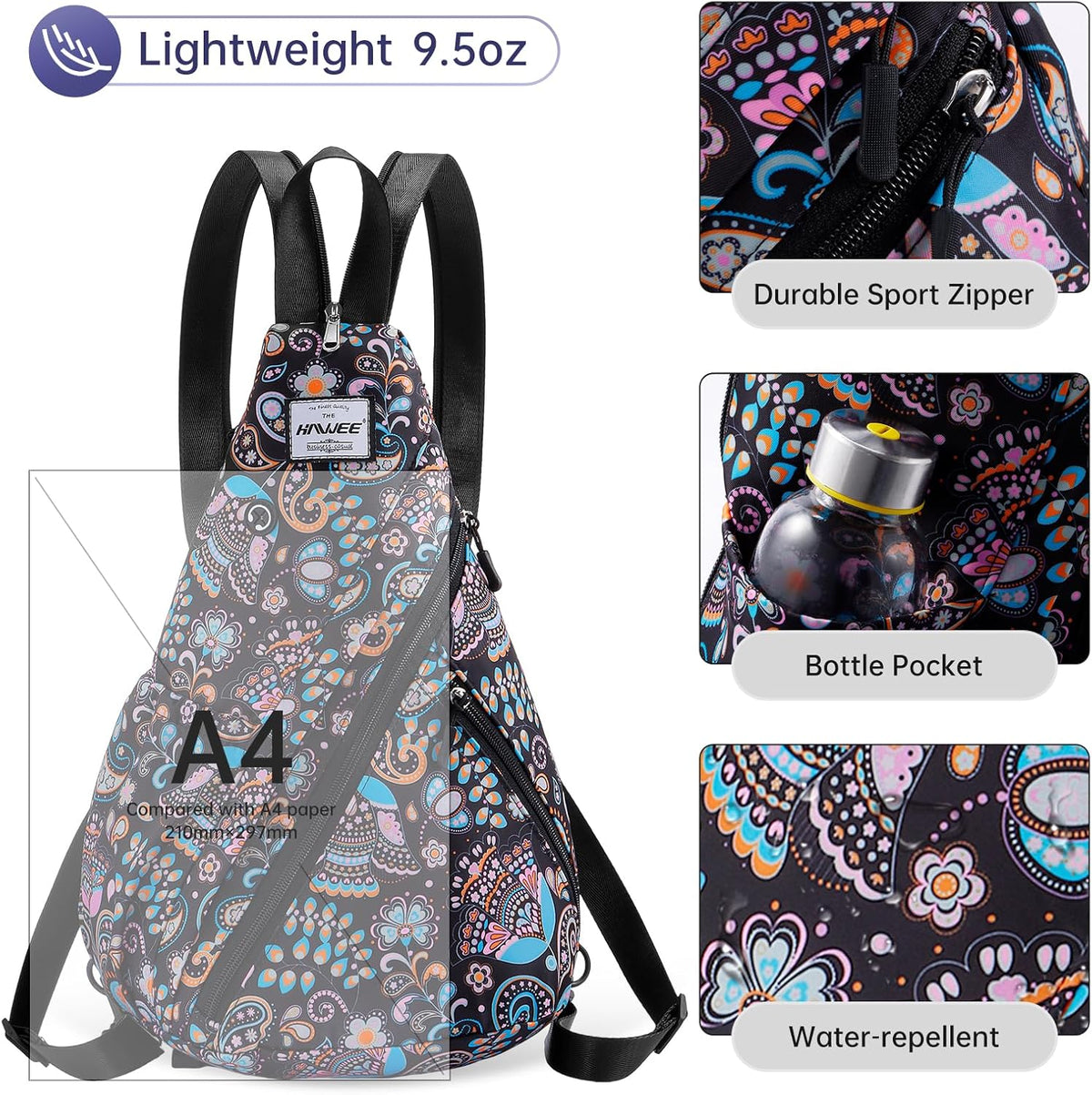 Water-Resistant Sling Bag for Women - Convertible Rope Chest Bag & Casual Daypack, Lightweight Crossbody Backpack for Travel, Cycling, Paisley Colorful