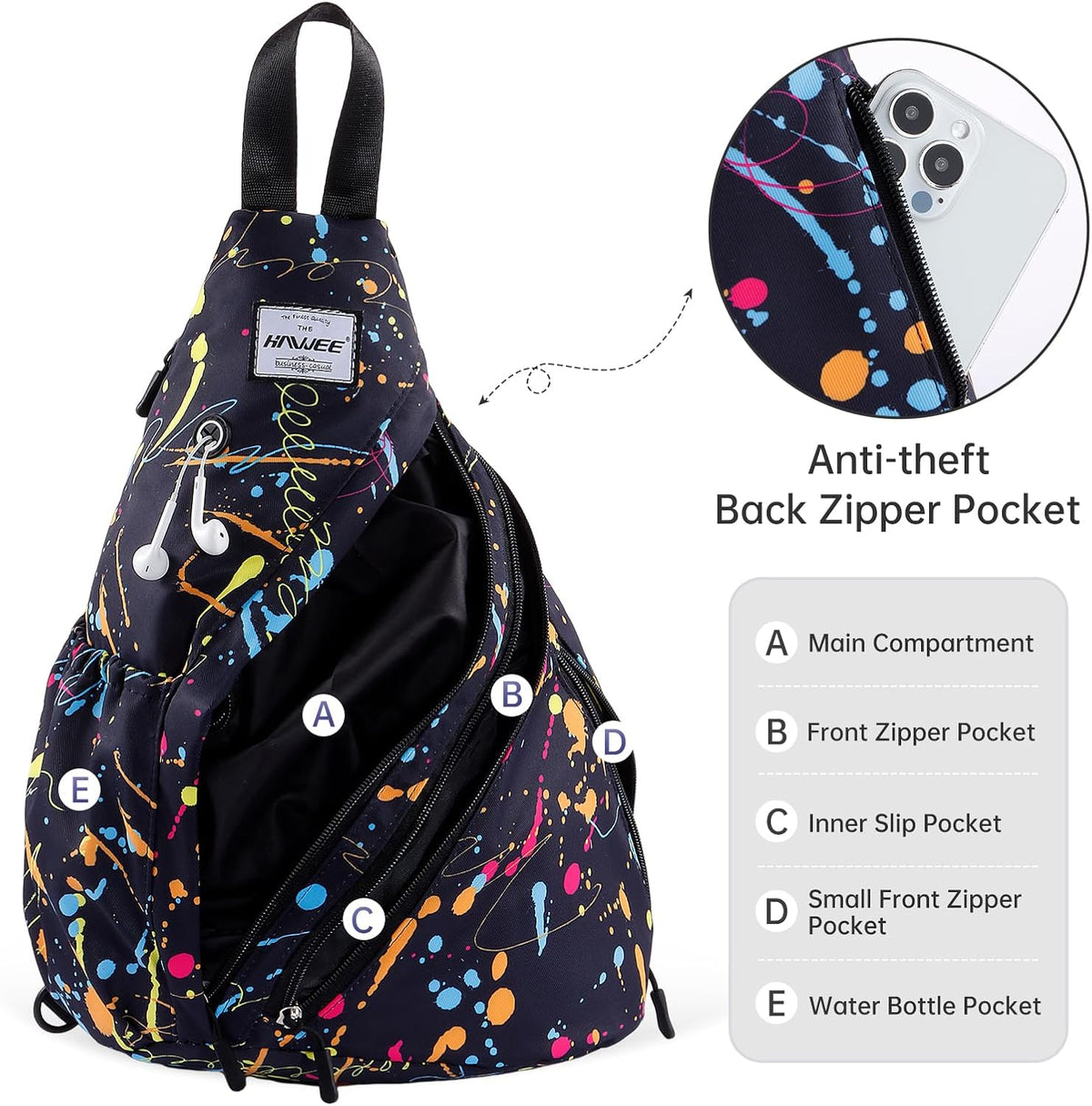 Water-Resistant Sling Bag for Women - Convertible Rope Chest Bag & Casual Daypack, Lightweight Crossbody Backpack for Travel, Cycling, Paisley Colorful