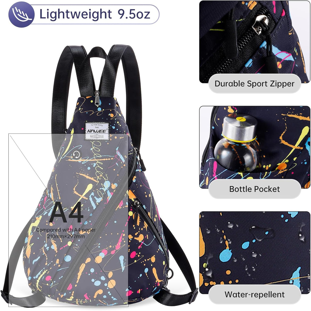 Water-Resistant Sling Bag for Women - Convertible Rope Chest Bag & Casual Daypack, Lightweight Crossbody Backpack for Travel, Cycling, Paisley Colorful