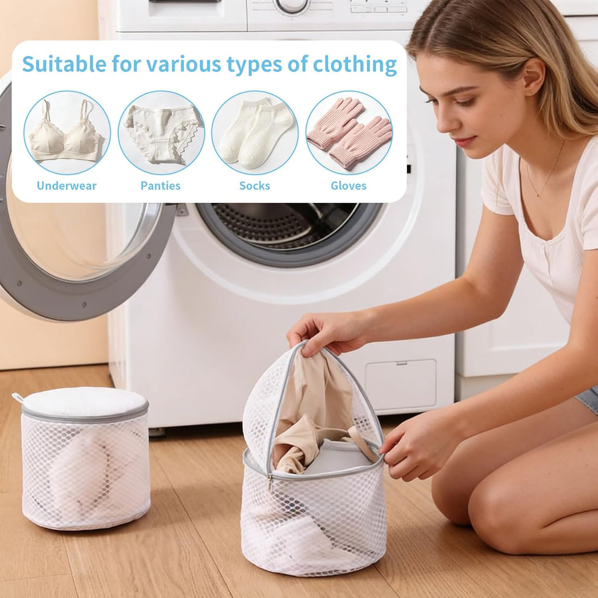 2 Pack Mesh Laundry Bags for Delicates, Reusable Washing Machine Bag with Zipper, Durable Wash Bags for Lingerie, Bras, Socks and Underwear, Travel Storage Organizer, White (7x6x5.25 Inch)