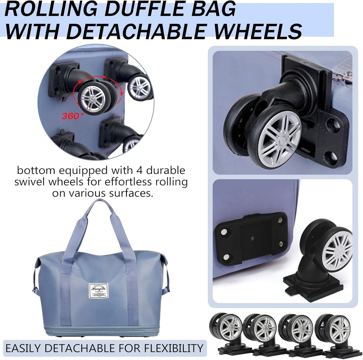 Rolling Duffle Bag with Wheels and Handle for Travel - Expandable, Foldable, Large Weekend Bag (Blue)