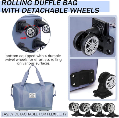 Rolling Duffle Bag with Wheels and Handle for Travel - Expandable, Foldable, Large Weekend Bag (Blue)