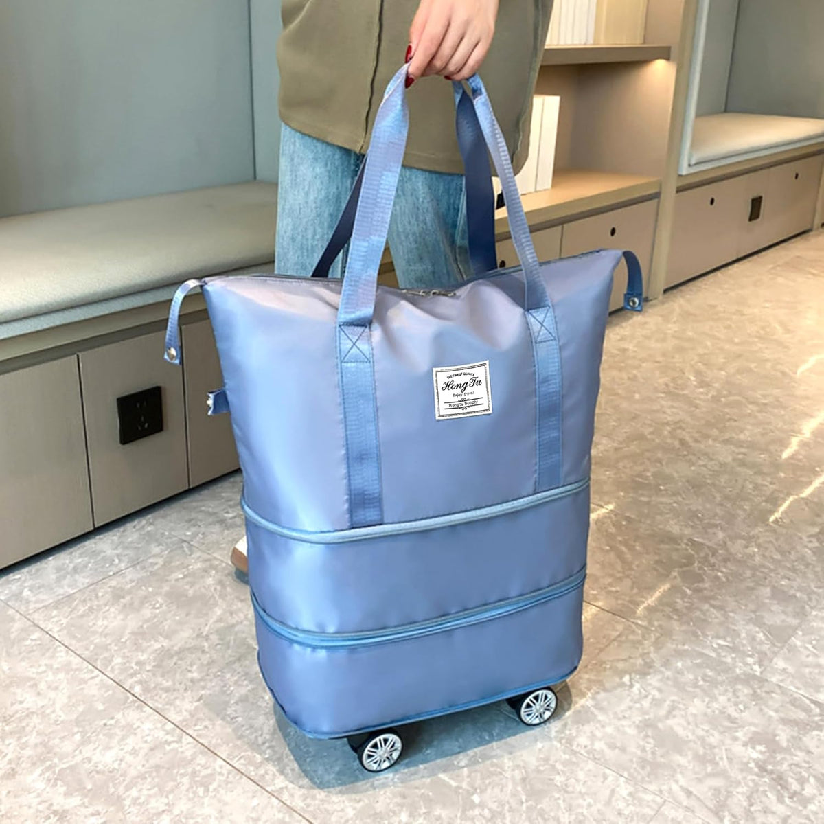 Rolling Duffle Bag with Wheels and Handle for Travel - Expandable, Foldable, Large Weekend Bag (Blue)