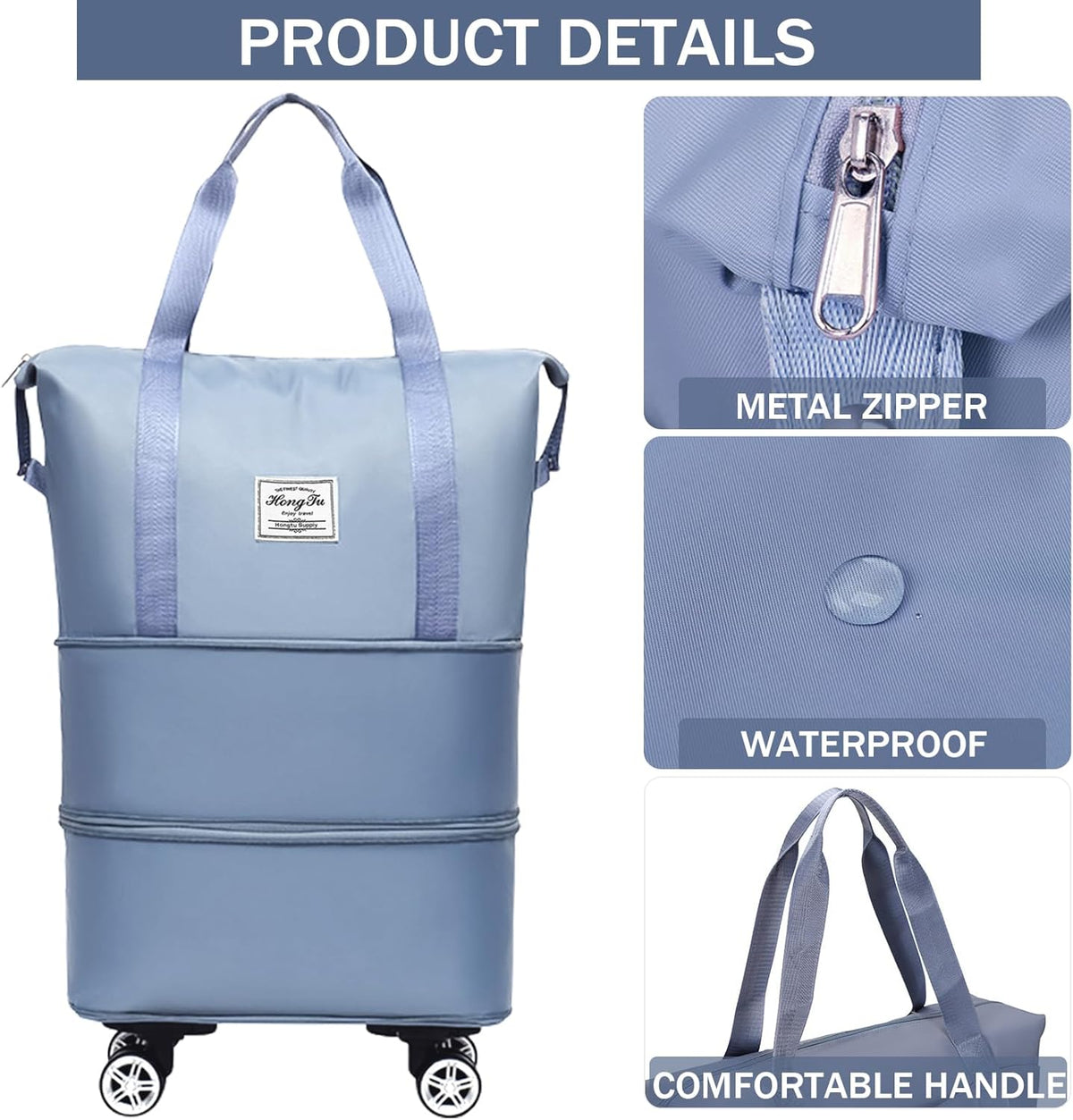 Rolling Duffle Bag with Wheels and Handle for Travel - Expandable, Foldable, Large Weekend Bag (Blue)