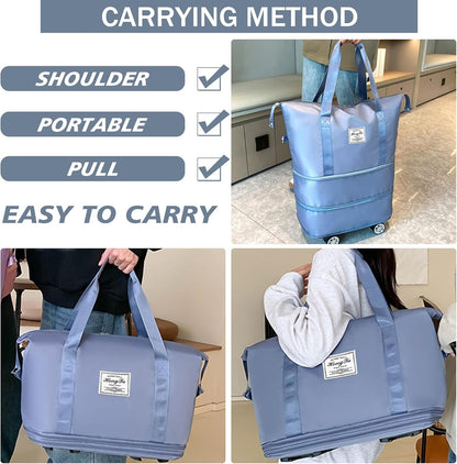Rolling Duffle Bag with Wheels and Handle for Travel - Expandable, Foldable, Large Weekend Bag (Blue)