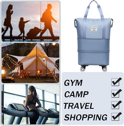 Rolling Duffle Bag with Wheels and Handle for Travel - Expandable, Foldable, Large Weekend Bag (Blue)