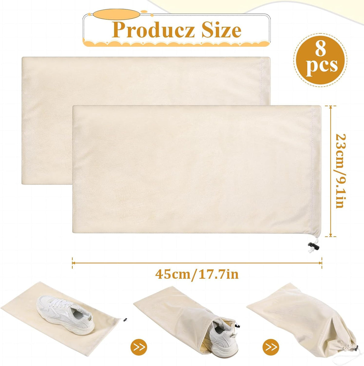 8 PCS Single Shoe Bags for Traveling, 18×9 Inch Travel Shoe Bags Velvet | Fits Size 13 for Packing in Suitcase with Drawstring Shoes Storage Bag Dust-Proof for Women and Men, Travel Storage-Beige