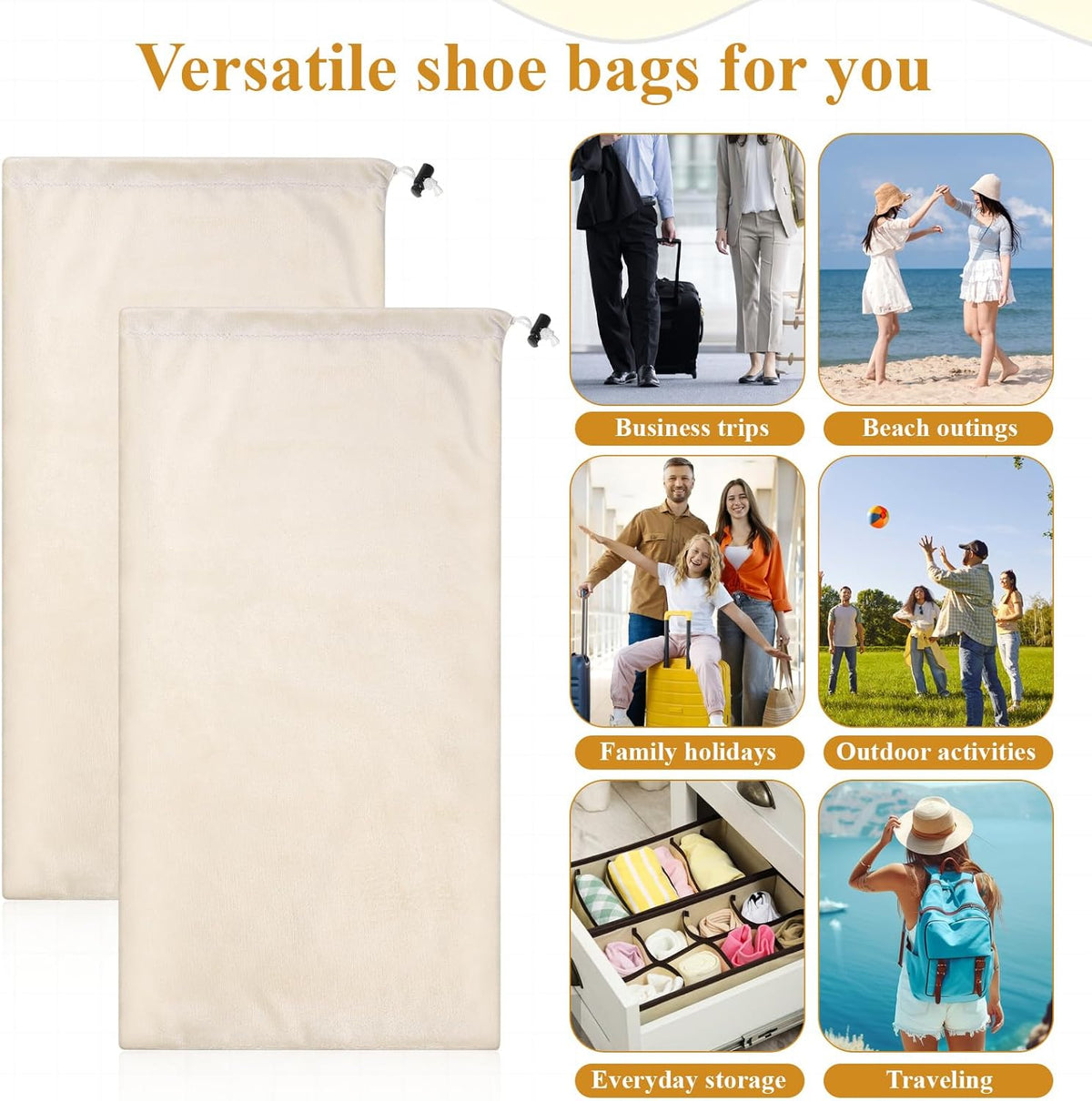 8 PCS Single Shoe Bags for Traveling, 18×9 Inch Travel Shoe Bags Velvet | Fits Size 13 for Packing in Suitcase with Drawstring Shoes Storage Bag Dust-Proof for Women and Men, Travel Storage-Beige