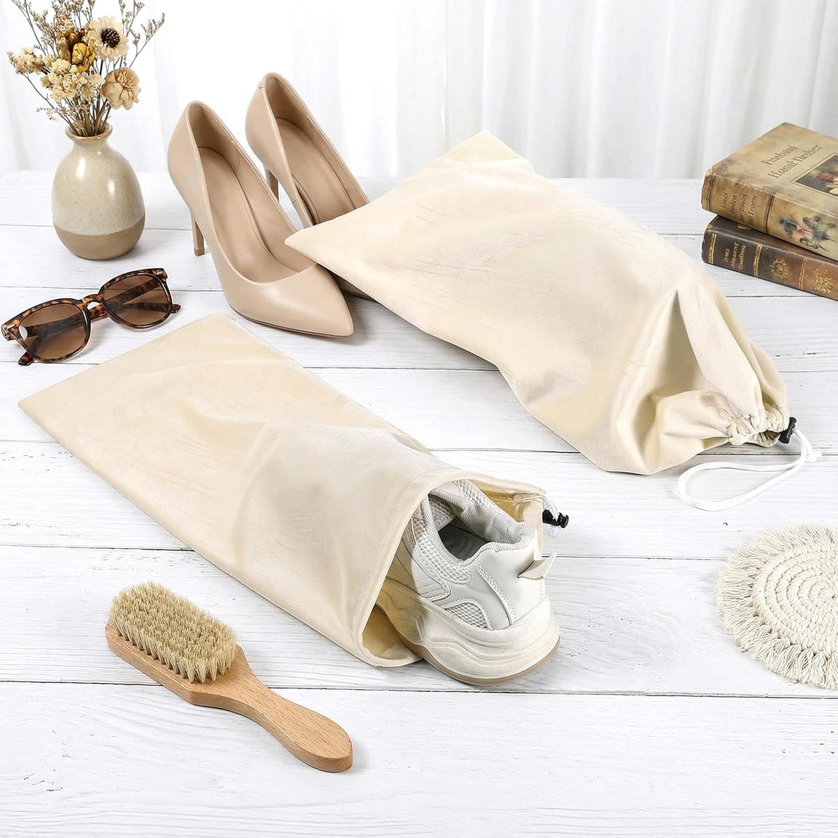 8 PCS Single Shoe Bags for Traveling, 18×9 Inch Travel Shoe Bags Velvet | Fits Size 13 for Packing in Suitcase with Drawstring Shoes Storage Bag Dust-Proof for Women and Men, Travel Storage-Beige